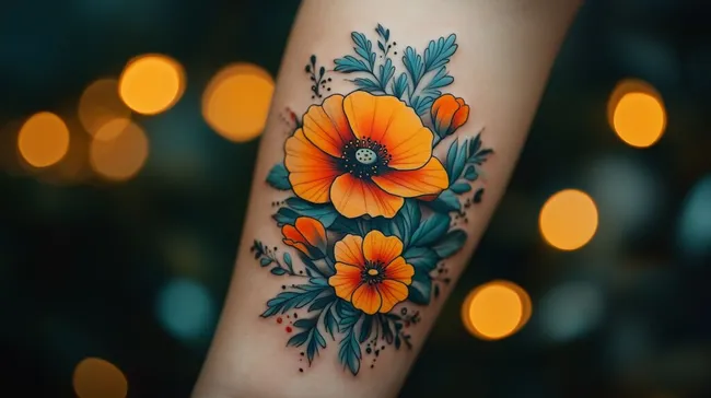 Farbenfrohe Tätowierung mit orangen Blumen und Blattwerk