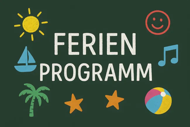 Farbenfrohe Tafel mit Ferien-Symbolen und Smiley