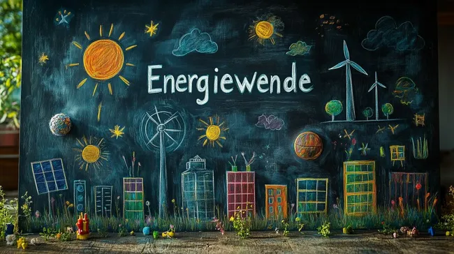 Farbenfrohe Tafel zur nachhaltigen Energiewende