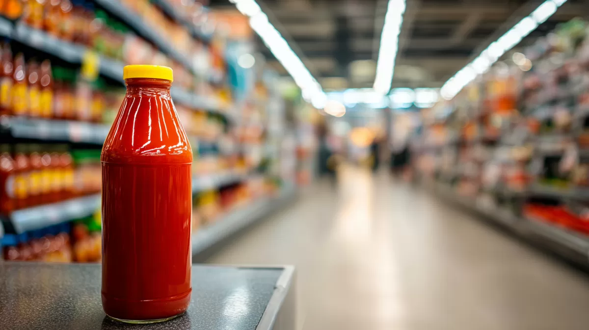 Farbenfrohe Tomatenketchupflasche im Supermarkt-Regal