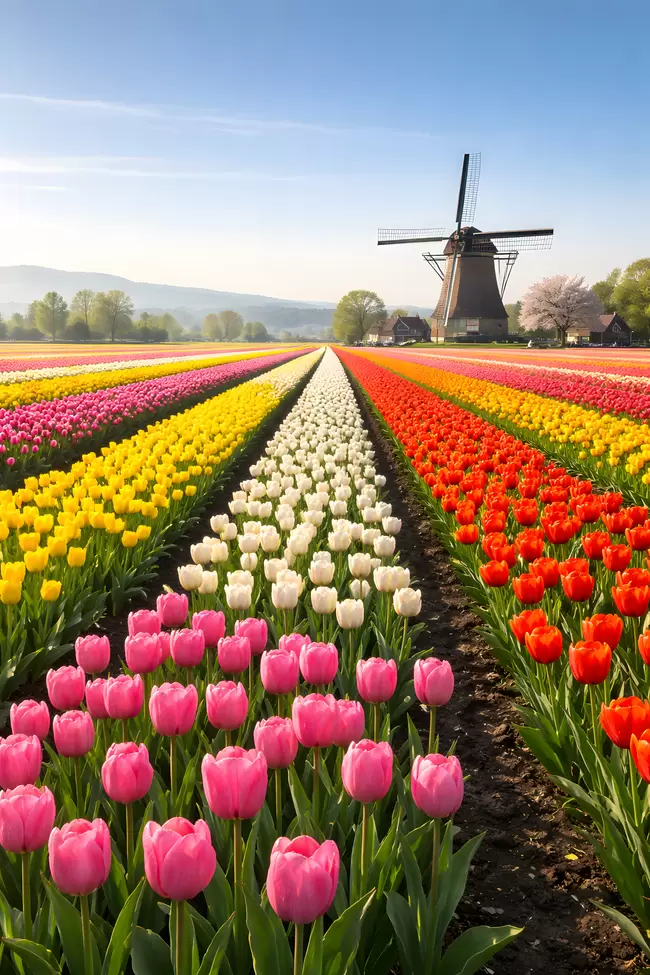 Farbenfrohe Tulpenfelder im niederländischen Frühling