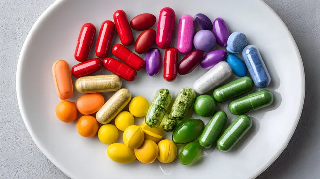 Farbenfrohe Vitaminpräparate in Regenbogenanordnung