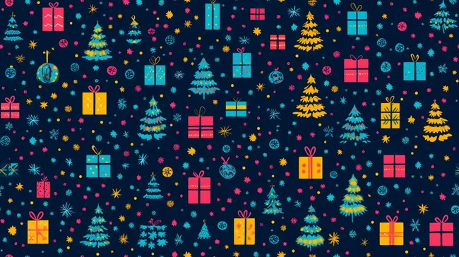 Farbenfrohe Weihnachtsillustration mit Tannenbäumen und Geschenken