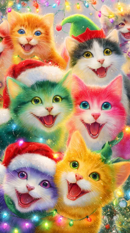 Farbenfrohe Weihnachtskatzen mit Lichterkette
