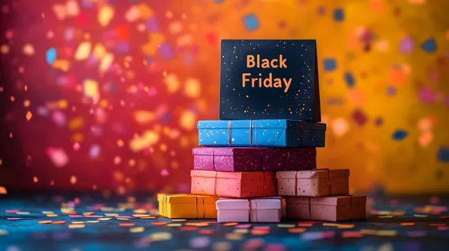 Farbenfroher Black Friday Verkauf mit Geschenkboxen
