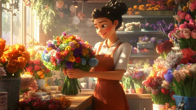 Farbenfroher Blumenstrauss im sonnigen Blumenladen