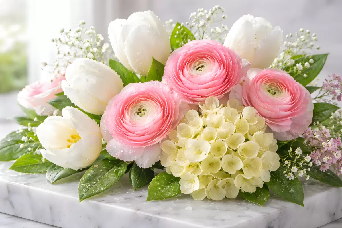 Farbenfroher Blumenstrauß mit zarten Tulpen und Rosen