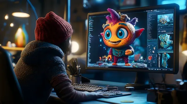 Farbenfroher Cartoon-Charakter auf Computerbildschirm