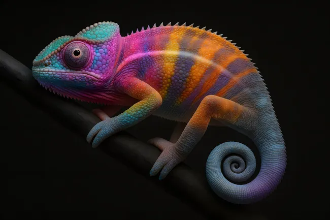 Farbenfroher Chamäleon auf dunklem Ast