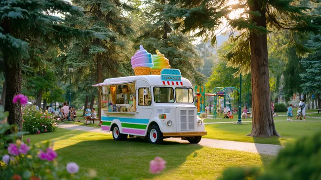 Farbenfroher Eiswagen in sonnigem Stadtpark