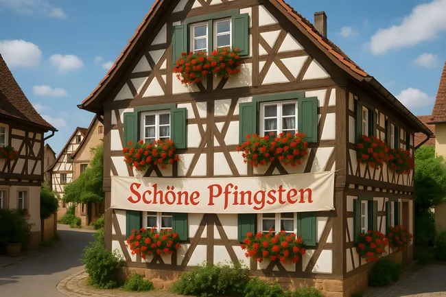 Farbenfroher Fachwerkbau mit Pfingstwunsch