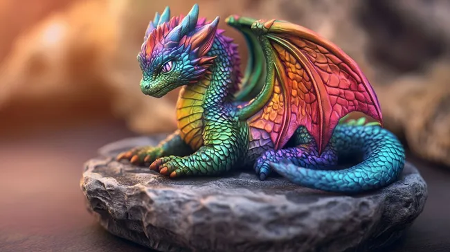 Farbenfroher Fantasiedrache auf Felsen