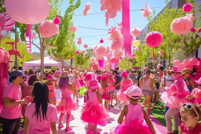 Farbenfroher Festumzug mit pinker Kostümparty