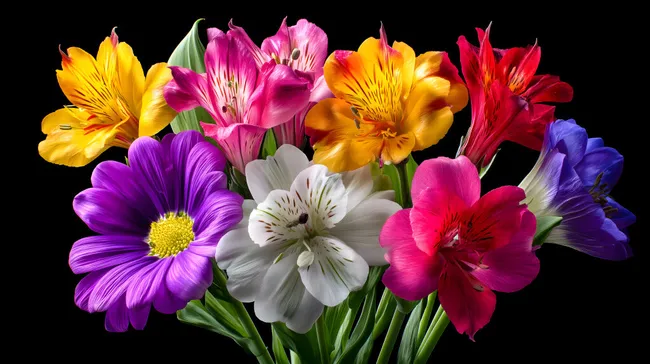 Farbenfroher Frühlingsblumenstrauß auf schwarzem Hintergrund