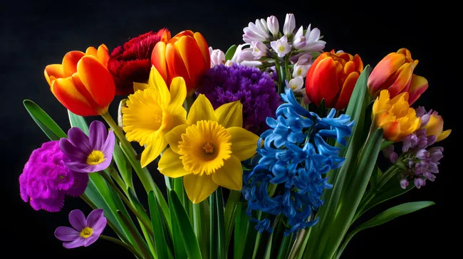 Farbenfroher Frühlingsstrauß auf dunklem Hintergrund
