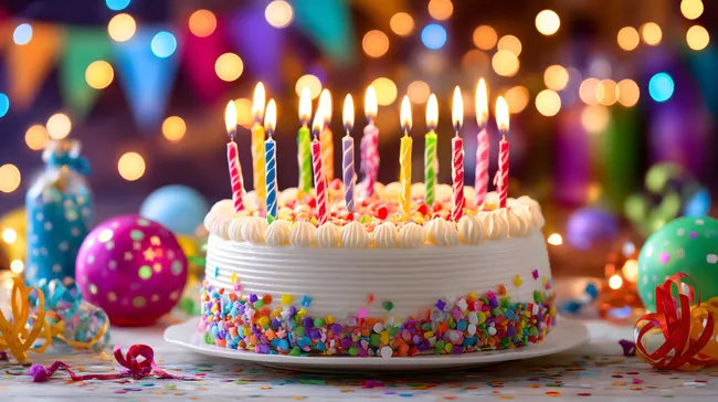 Farbenfroher Geburtstagskuchen mit brennenden Kerzen