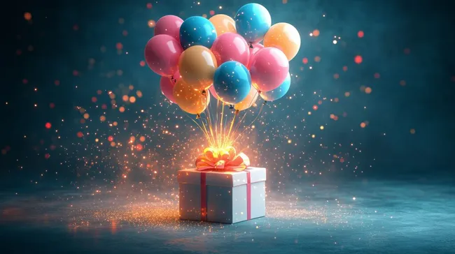 Farbenfroher Geburtstagstraum mit Geschenkbox und Luftballons