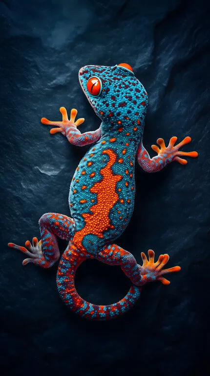 Farbenfroher Gecko auf dunklem Felsen