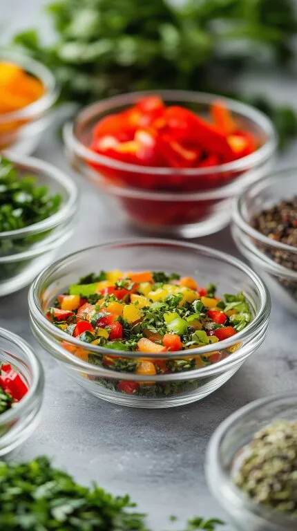 Farbenfroher Gemüsesalat in rustikalen Glasschalen