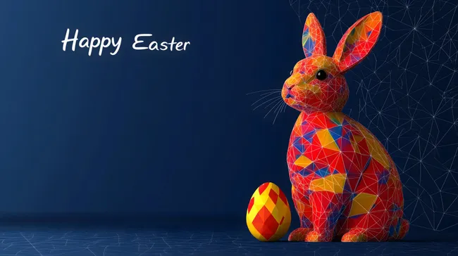 Farbenfroher geometrischer Osterhase mit Ei vor dunkler Kulisse