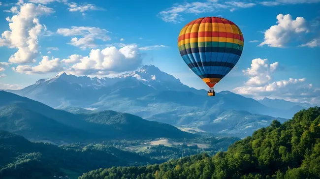 Farbenfroher Heißluftballon über majestätischen Bergen