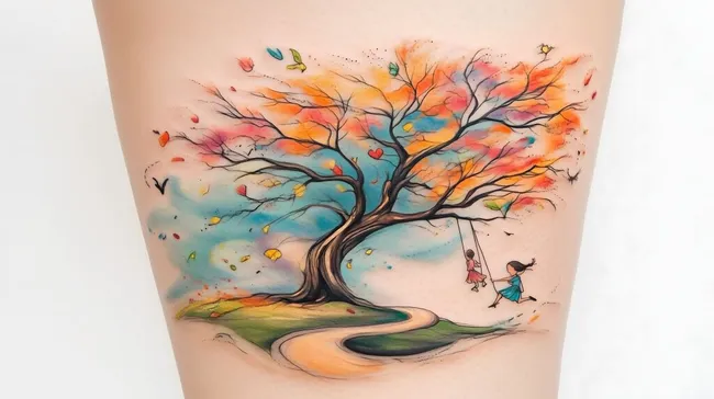 Farbenfroher Herbstbaum mit spielenden Kindern auf Schaukel