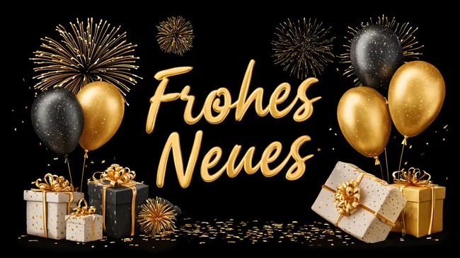 Farbenfroher Jahreswechsel mit Ballons und Geschenken