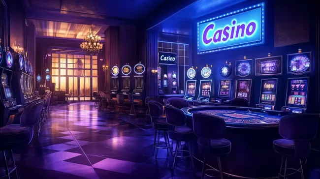 Farbenfroher Kasinoraum in lila-blauer Beleuchtung