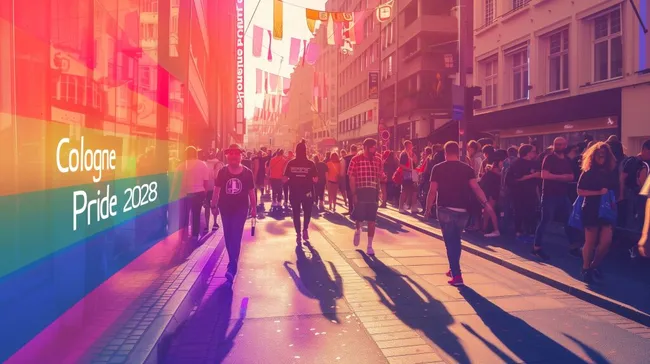 Farbenfroher Kölner Pride-Umzug in belebter Innenstadt