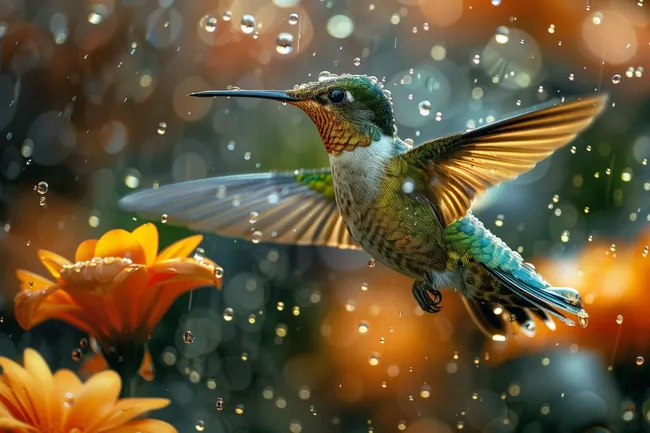 Farbenfroher Kolibri im Regen: Atemberaubende Nahaufnahme