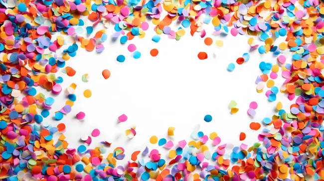 Farbenfroher Konfetti-Rahmen auf weißem Hintergrund