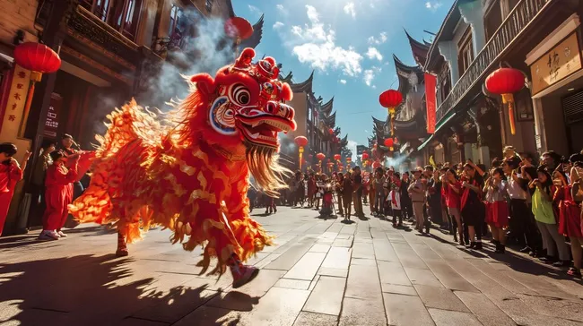 Farbenfroher Löwentanz auf belebter Straße in China