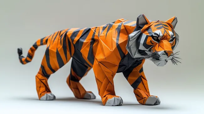 Farbenfroher Origami-Tiger mit detaillierten Streifen