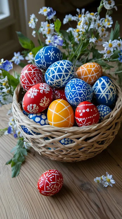 Farbenfroher Osterkorb mit bemalten Eiern