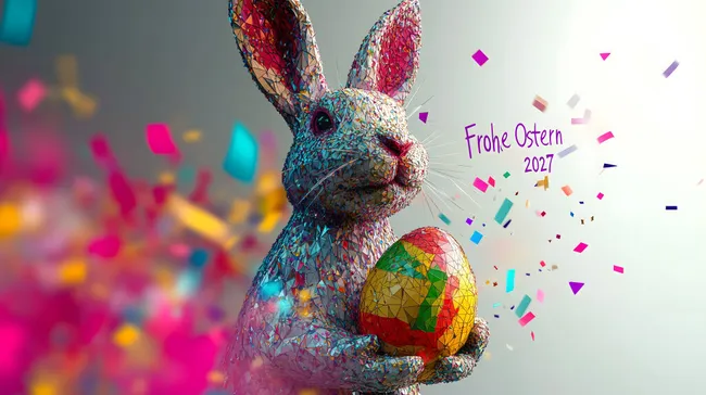 Farbenfroher Osterkorb mit dekorativem Kunststoff-Hasen