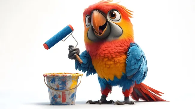 Farbenfroher Papagei beim Malen mit Rolle und Eimer