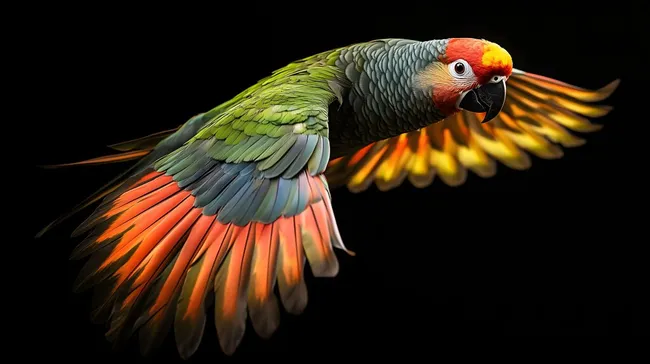 Farbenfroher Papagei in Bewegung vor schwarzem Hintergrund