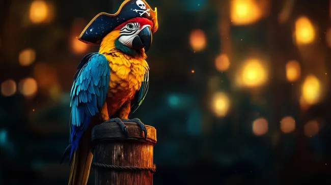 Farbenfroher Papagei mit Piratenhut auf Holzpfosten