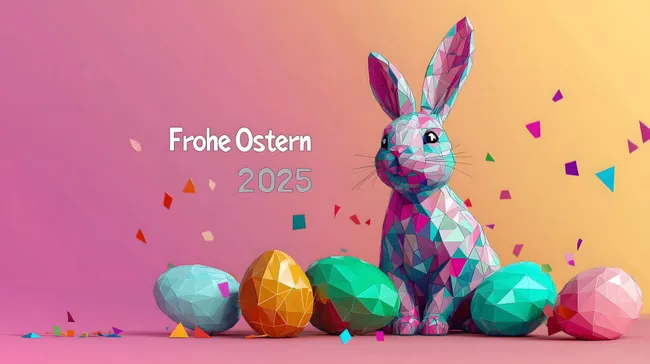 Farbenfroher Polygon-Osterhasen mit Eiern 2025