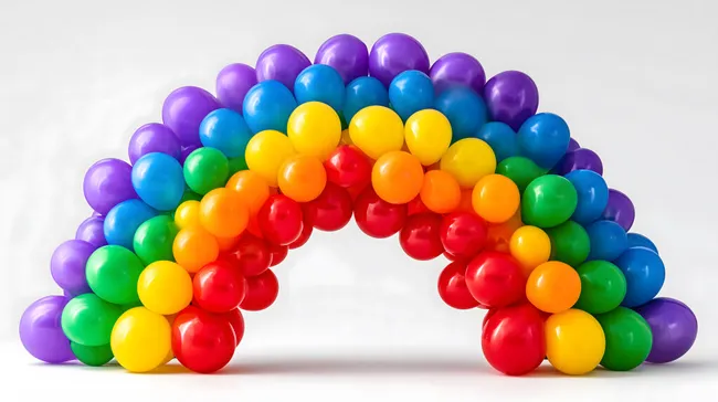 Farbenfroher Regenbogenballon-Bogen auf weißem Hintergrund