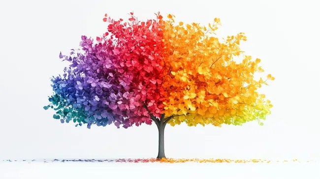 Farbenfroher Regenbogenbaum vor weißem Hintergrund