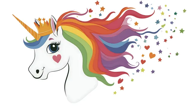 Farbenfroher Regenbogeneinhorn-Vektor mit Sternen und Herzen