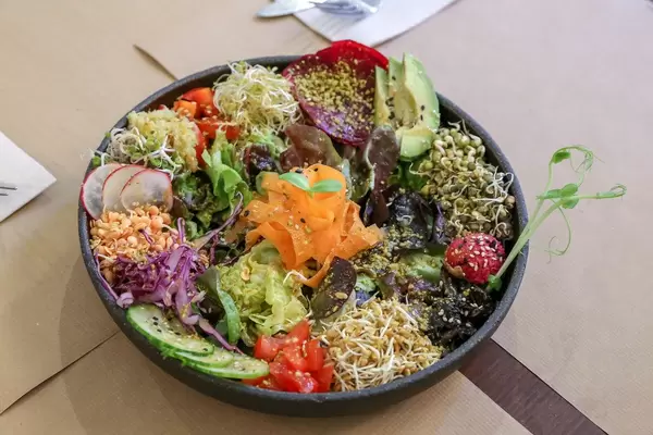 Farbenfroher Salat "Ensalada del Sol" im Petit Brot in Barcelona, Spanien, in einer schwarzen Schüssel, mit pinkem Hummus & gekeimten Samen