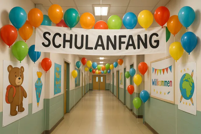 Farbenfroher Schulanfang mit Luftballons und Bären