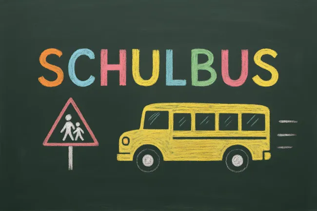 Farbenfroher Schulbus auf grüner Tafel