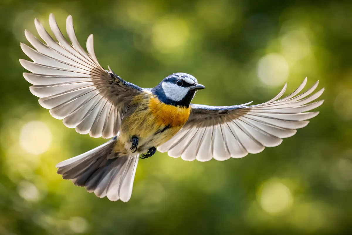 Farbenfroher Singvogel mit gespreizten Flügeln