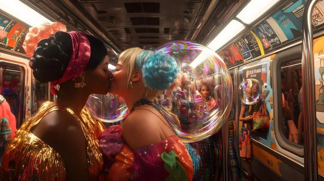 Farbenfroher Stadtbahn-Moment mit küssendem lesbischem Paar