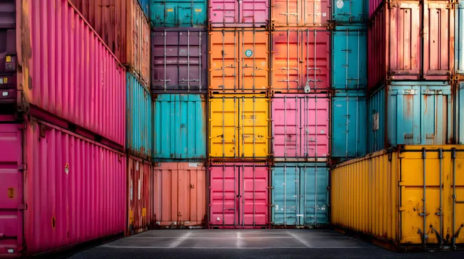 Farbenfroher Stapel bunter Cargo-Container in Hafenumgebung