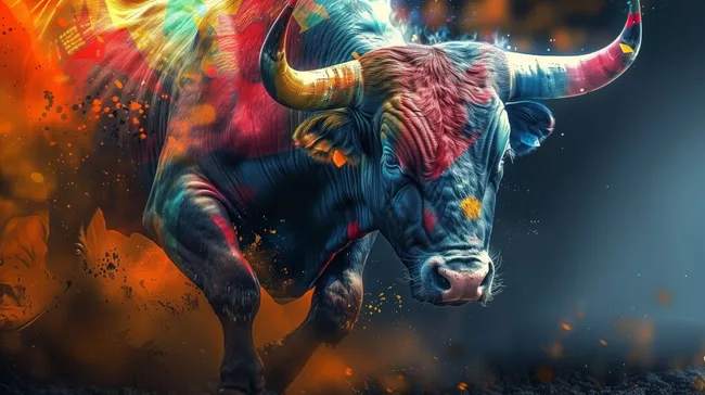 Farbenfroher Stier mit Finanzsymbolik