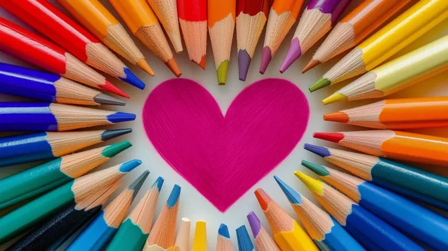 Farbenfroher Stift-Regenbogen mit pinkem Herzen